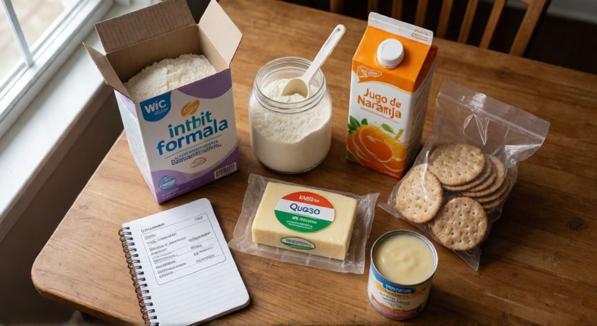 que formula da el wic, Paquete mensual de alimentos WIC con fórmula en gránulo, queso, jugo y otros productos sobre una mesa de cocina