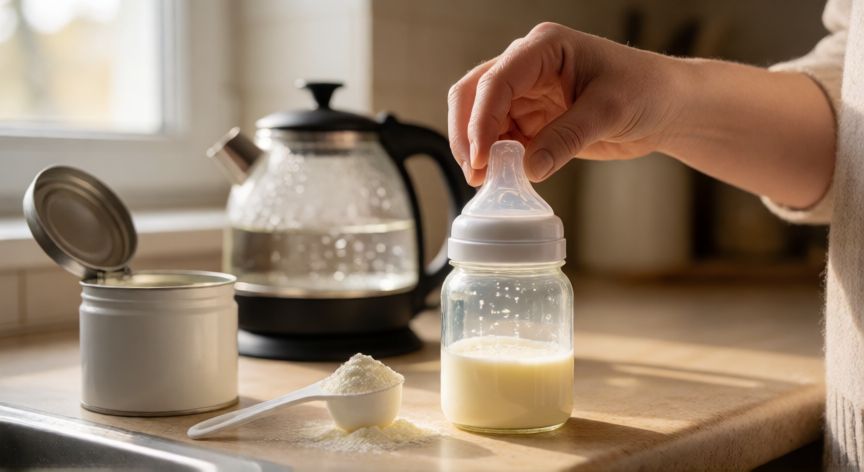 Manos preparando fórmula infantil en un biberón con agua templada en la cocina