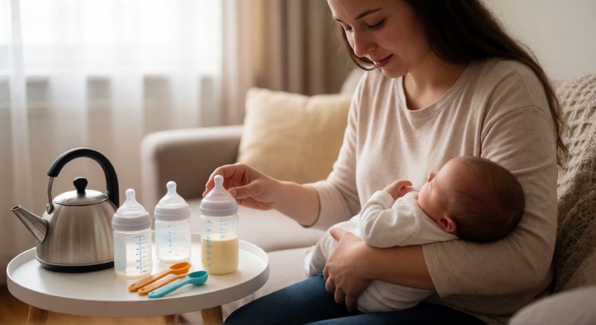 que formula darle a un recien nacido, Madre preparando fórmula infantil para su recién nacido en casa
