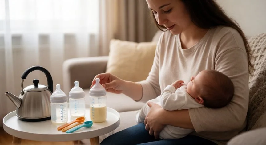 Madre preparando fórmula infantil para su recién nacido en casa
