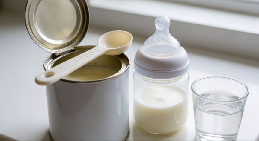 que formula darle a un recien nacido, Bote de fórmula infantil y biberón preparado sobre encimera de cocina