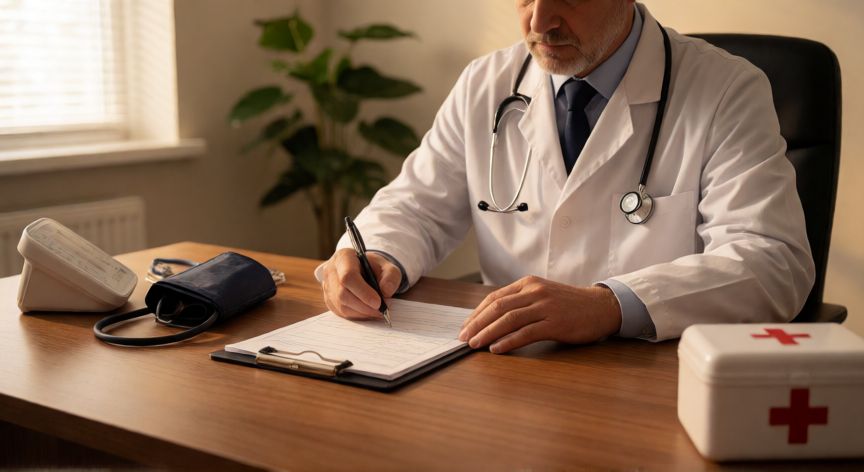 Médico en su consultorio emitiendo una fórmula médica de inicio sobre una tarjeta de recetas