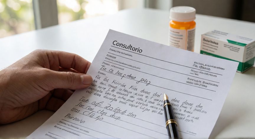 que formula de inicio dan en el consultorio, Fórmula médica de inicio con medicación recetada junto a un bote de pastillas sobre la mesa del consultorio
