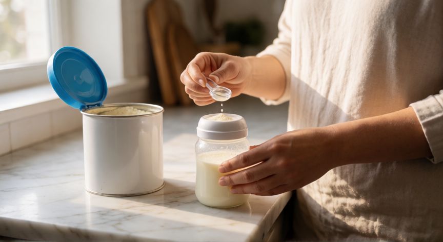 Madre preparando biberón con fórmula láctea infantil en la cocina