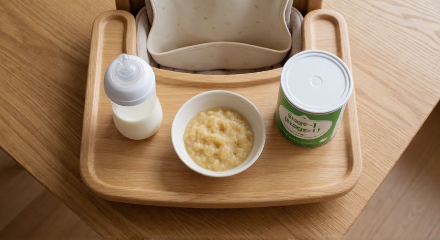 que formula de leche es mejor para bebes, Biberón de fórmula y alimentación complementaria sobre la mesa del trona del bebé
