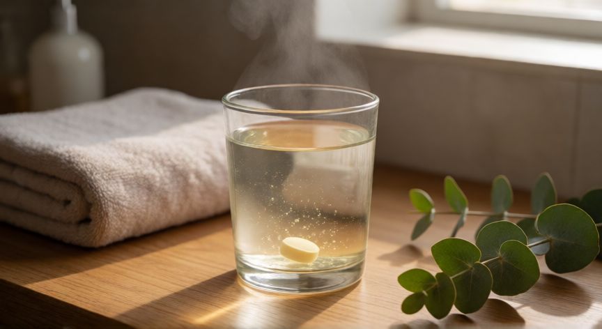 que formula de magnesio es mejor, Tableta de magnesio citrato disolviéndose en un vaso de agua templada en un baño luminoso