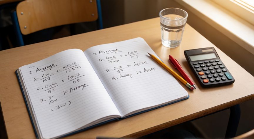 que formula debo de hacer para sacar promedio, Cuaderno abierto con la fórmula del promedio escrita a mano sobre un escritorio de estudiante