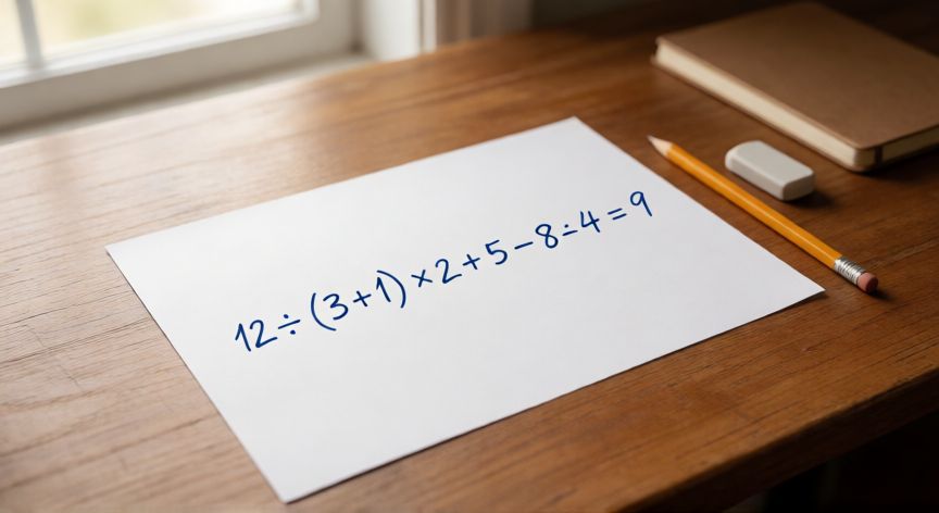 que formula debo de realizar para sumar restar multiplicar y dividir, Hoja de papel con la fórmula de jerarquía de operaciones resuelta a mano con lápiz azul sobre un escritorio de madera
