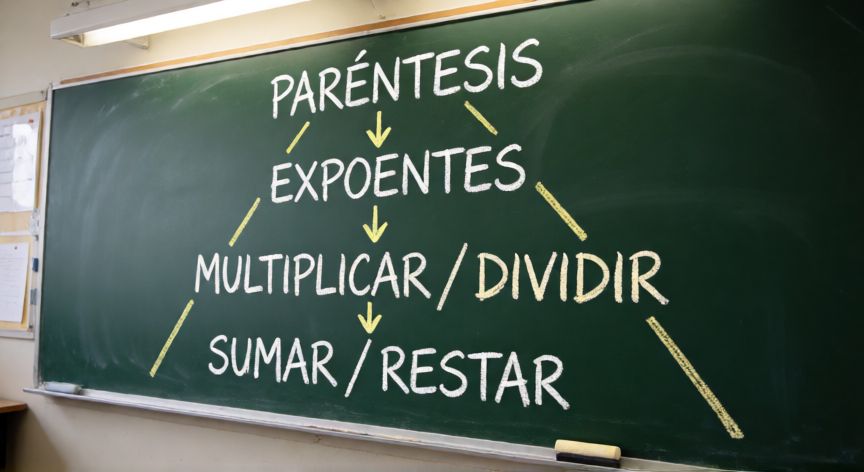 que formula debo de realizar para sumar restar multiplicar y dividir, Pizarra de aula con la pirámide de jerarquía de operaciones matemáticas escrita en tiza: paréntesis, exponentes, multiplicación/división, suma/resta