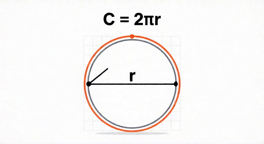 Diagrama geométrico del círculo con radio r y fórmula C = 2πr para la circunferencia