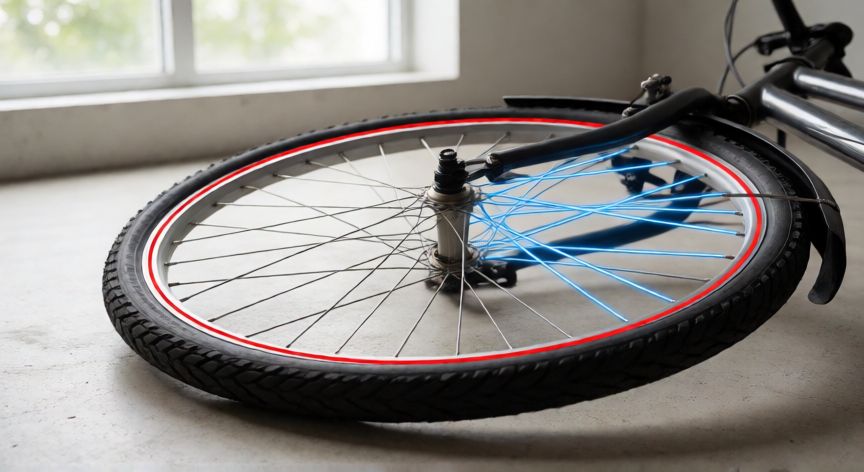 que formula es 2 pi r, Rueda de bicicleta con el radio y la circunferencia señalados como ejemplo práctico de 2πr