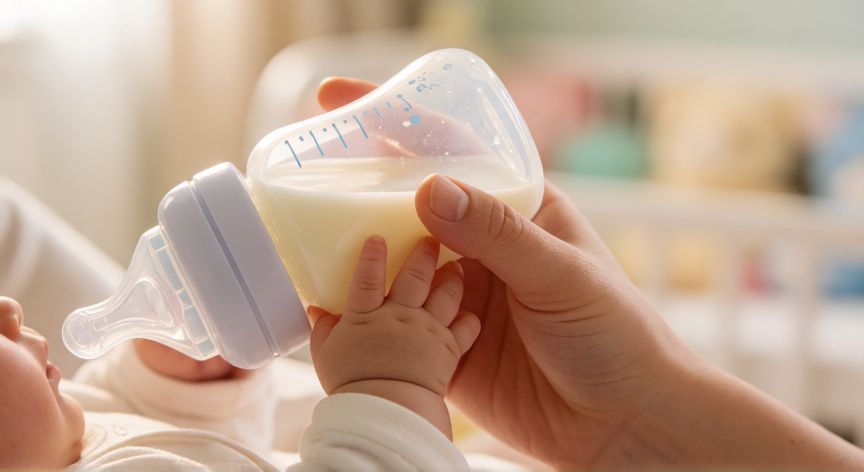 que formula es buena para un recien nacido, Manos de un padre sosteniendo un biberón con leche fórmula cerca de la boca de un recién nacido