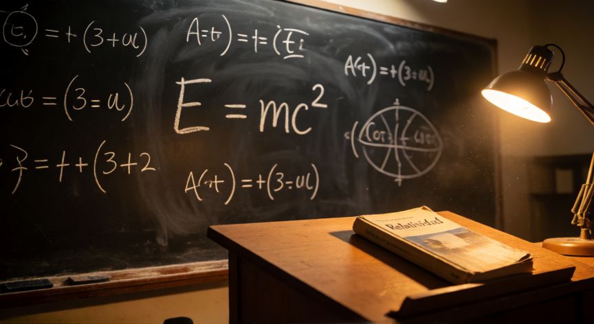 que formula es e=mc2, Pizarrón de un aula universitaria con la fórmula E=mc² escrita en tiza blanca rodeada de derivaciones