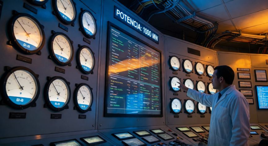 que formula es e=mc2, Sala de control de una central nuclear con pantallas de potencia y parámetros del reactor