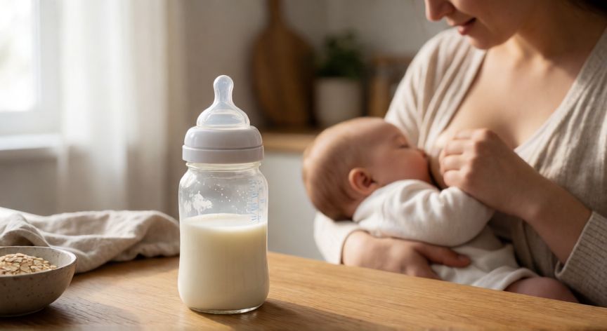 Biberón de fórmula infantil junto a una madre amamantando a su bebé
