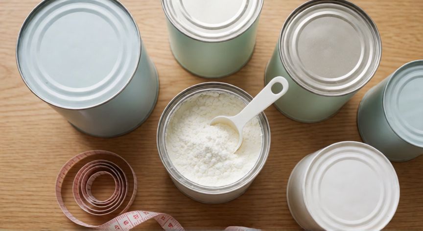 que formula es igual a la leche materna, Varios botes de fórmula infantil con uno abierto mostrando el polvo blanco y una cucharilla medidora