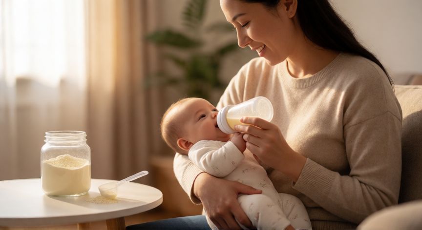 que formula es mas parecida a la leche materna, Madre alimentando a su bebé con biberón de fórmula infantil en un ambiente cálido
