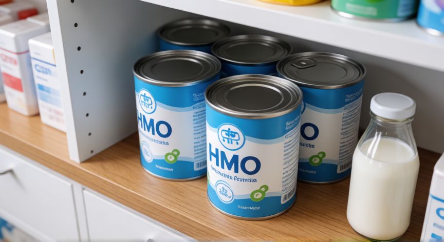 que formula es mas parecida a la leche materna, Fórmulas infantiles con HMO en estante de farmacia junto a biberón con leche