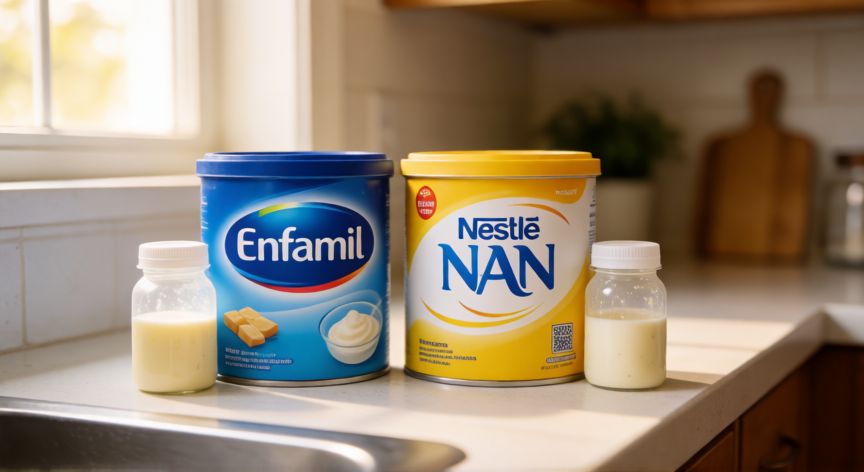 que formula es mejor enfamil o nan, Fórmulas infantiles Enfamil y NAN colocadas lado a lado con sus biberones preparados
