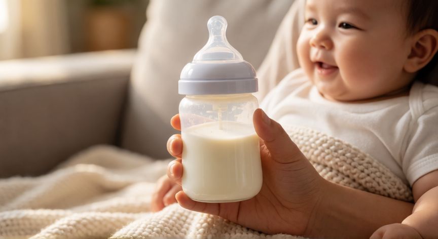 que formula es mejor enfamil o nan, Bebé siendo alimentado con biberón de fórmula infantil en un ambiente hogareño