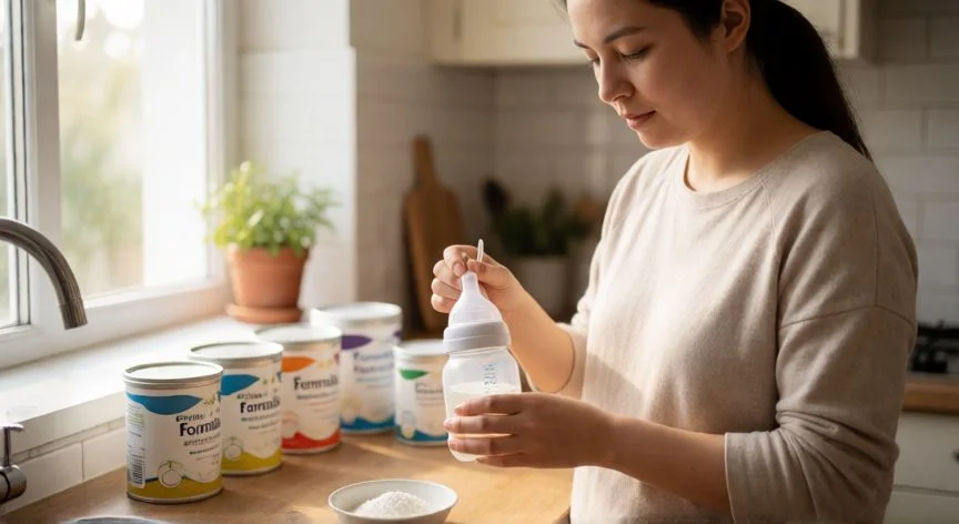 Madre preparando un biberón de fórmula infantil en la cocina