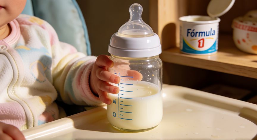 que formula es mejor para un bebe, Bebé sosteniendo un biberón de leche en la silla de comer