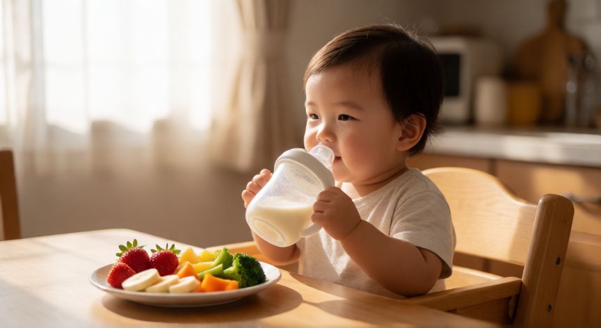Bebé de un año bebiendo leche en su silla alta con fruta y verdura al lado