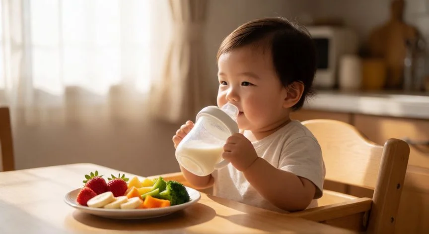 Bebé de un año bebiendo leche en su silla alta con fruta y verdura al lado