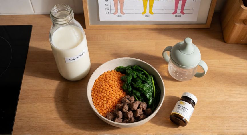 que formula es mejor para un bebe de 1 año, Mesa con leche entera, alimentos ricos en hierro y suplemento de vitamina D para un bebé de un año