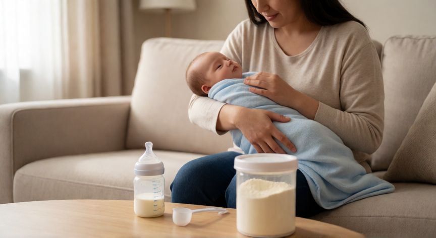 Madre con su bebé de 2 meses y biberón de fórmula sobre la mesa