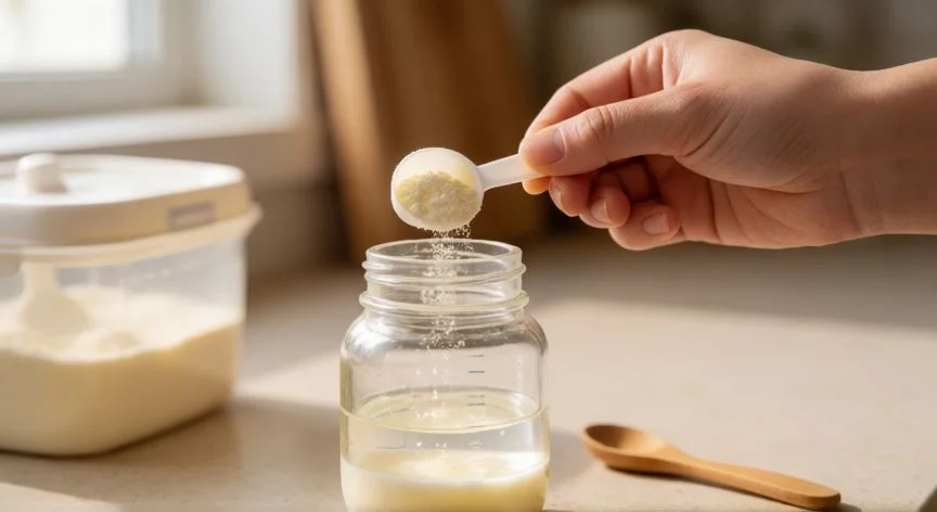Manos preparando fórmula infantil en un biberón con agua tibia