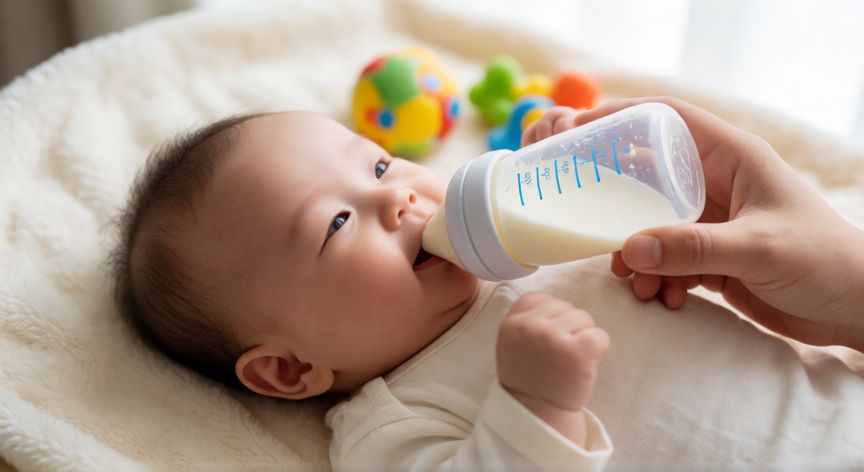 que formula es mejor para un bebe de 3 meses, Bebé de tres meses tomando biberón de fórmula sobre manta suave