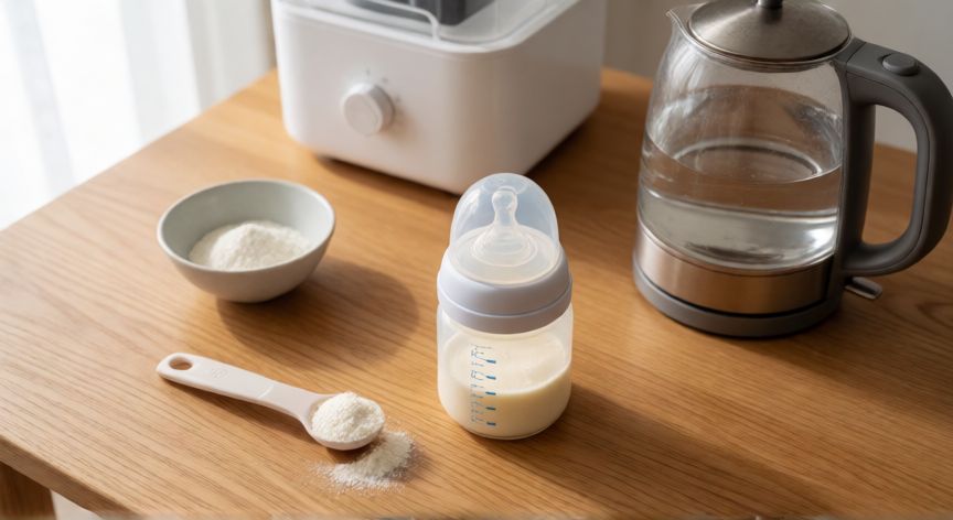 que formula es mejor para un recien nacido, Preparación de biberón con fórmula infantil sobre una mesa de madera