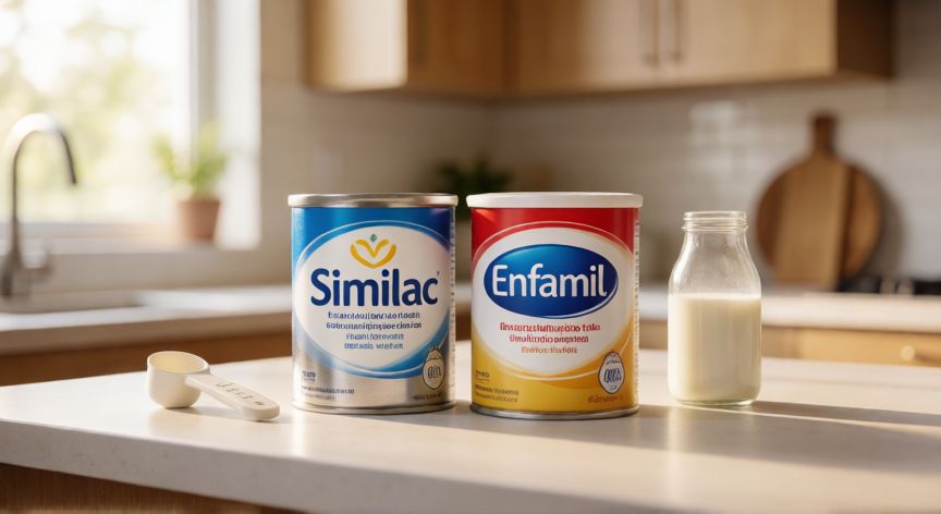 que formula es mejor similac o enfamil, Fórmulas infantiles Similac y Enfamil colocadas juntas en una cocina con un biberón al lado