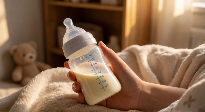 que formula es mejor similac o enfamil, Manos de una madre preparando un biberón con fórmula infantil en una habitación de bebé