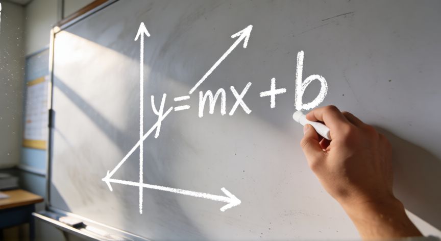que formula es y mx b, Pizarra con la fórmula y = mx + b y un plano cartesiano dibujado a tiza