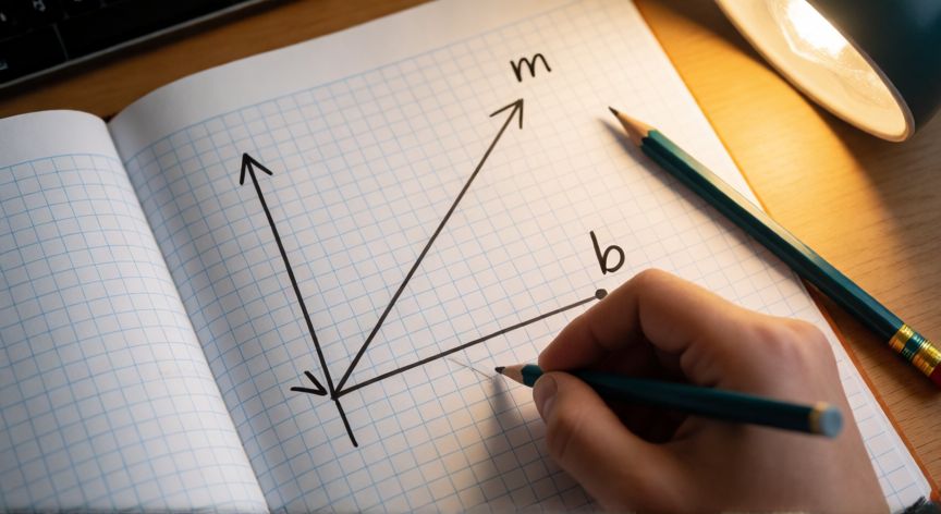 que formula es y mx b, Cuaderno con papel milimetrado mostrando una recta con pendiente m y ordenada al origen b etiquetadas