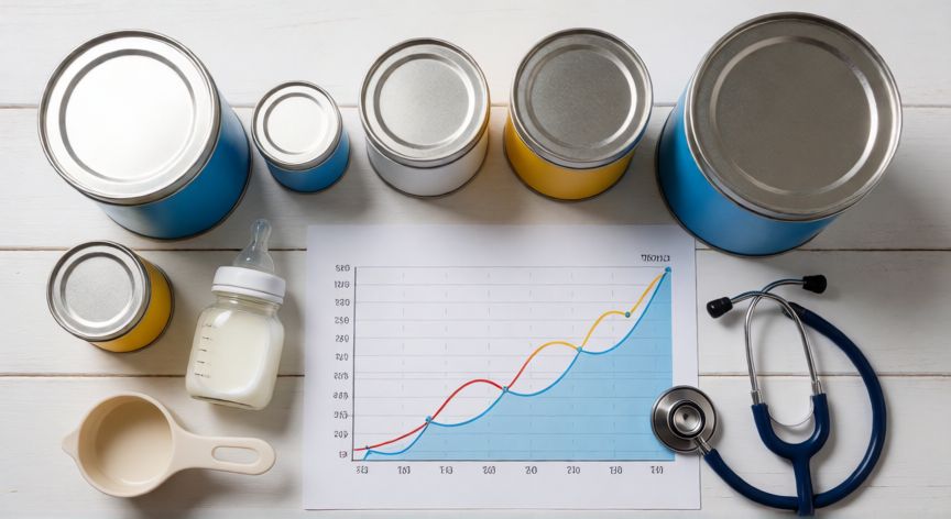 que formula hace subir de peso a un bebe, Vista cenital de biberones, latas de fórmula láctea y cartilla de crecimiento del bebé