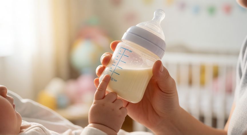 que formula hidrolizada tiene mejor sabor, Mano de madre ofreciendo biberón de fórmula hidrolizada a un bebé