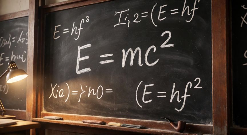 Pizarra de tiza con la fórmula E=mc² y otras ecuaciones de Einstein en una aula universitaria