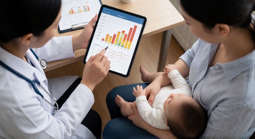que formula infantil es mejor, Pediatra revisando curva de crecimiento del bebé en consulta