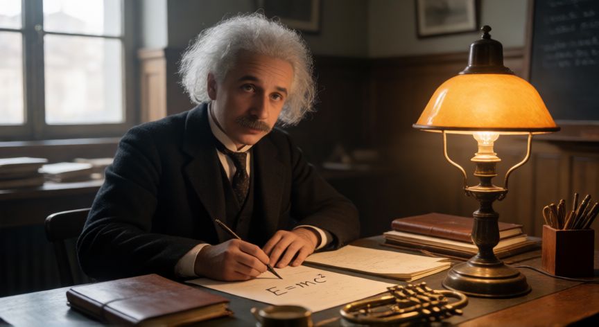 que formula invento albert einstein, Joven Albert Einstein escribiendo la ecuación E=mc² en la Oficina de Patentes de Berna, 1905