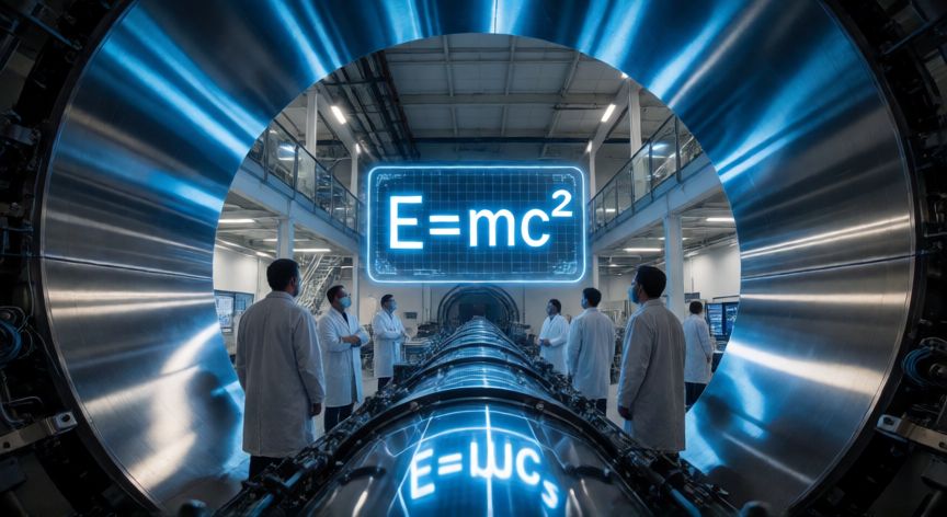 que formula invento albert einstein, Interior de un laboratorio nuclear donde la ecuación E=mc² se visualiza en una pantalla holográfica