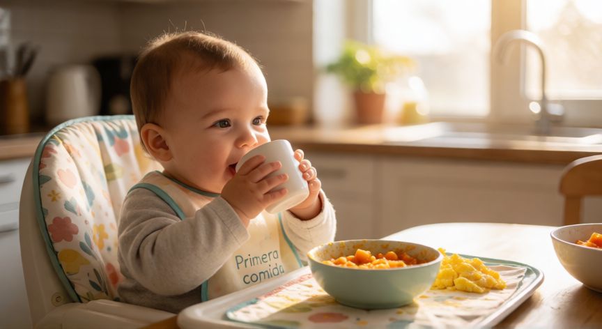 Bebé de un año tomando leche del vaso en la trona con comida saludable