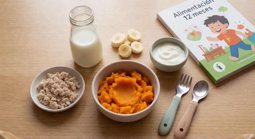 que formula le puedo dar a mi bebe de 1 año, Mesa con menú variado para bebé de 12 meses: leche, verduras, proteína y fruta