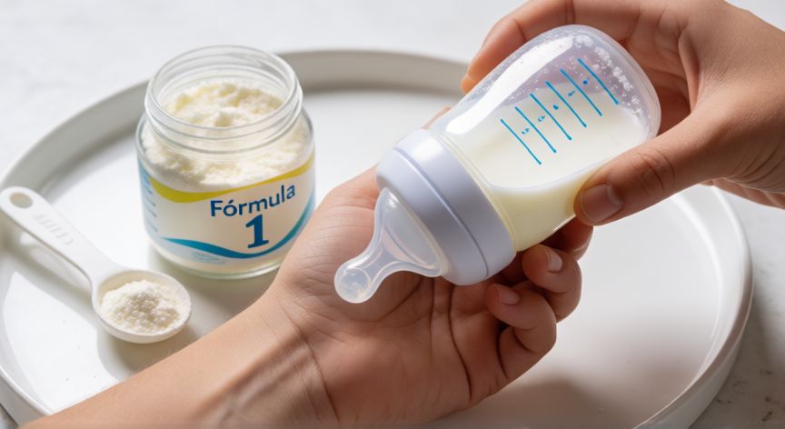que formula le puedo dar a mi bebe de 1 mes, Biberón de fórmula con prueba de temperatura en la muñeca junto a tarro de leche en polvo