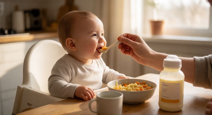 Bebé de 10 meses comiendo en su trona con una cuchara mientras al lado hay un biberón de fórmula y un vaso de agua