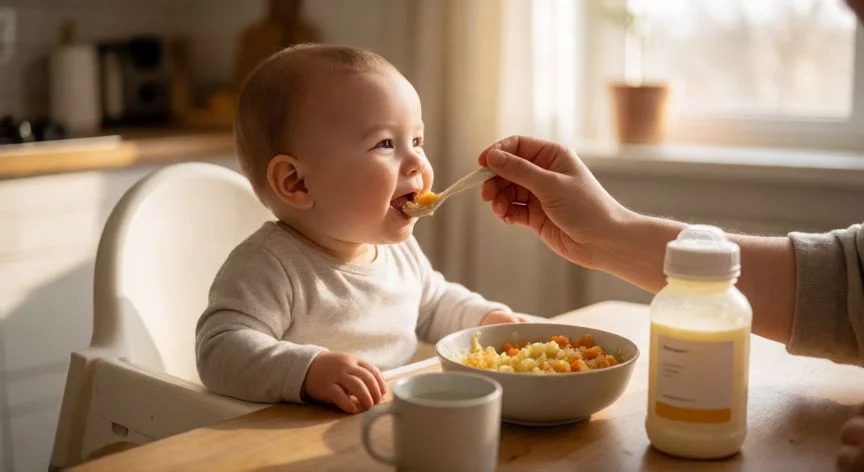 Bebé de 10 meses comiendo en su trona con una cuchara mientras al lado hay un biberón de fórmula y un vaso de agua