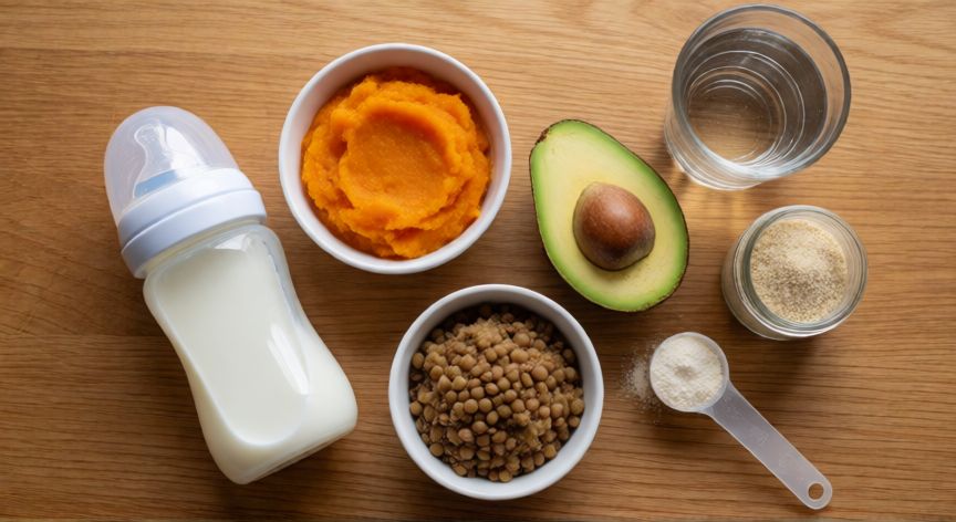 que formula le puedo dar a mi bebe de 10 meses, Vista cenital de un biberón de fórmula junto a purés de verduras, legumbres, aguacate y frutos secos molidos sobre una mesa de madera