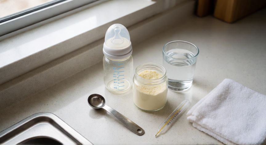 que formula le puedo dar a mi bebe de 2 meses, Preparación higiénica del biberón con agua hervida y fórmula para bebé de 2 meses
